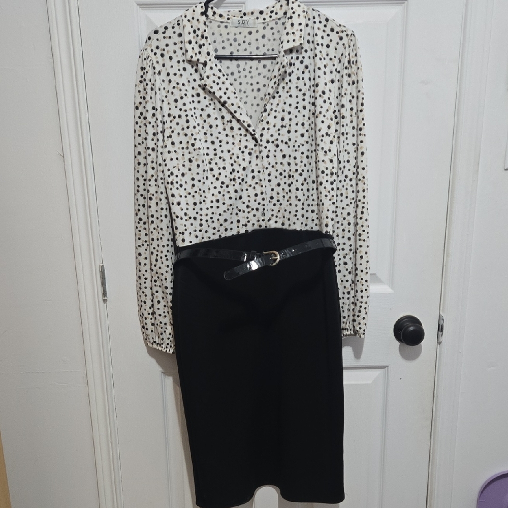 Suzy Shier Black and White Polka Dot Midi Dress